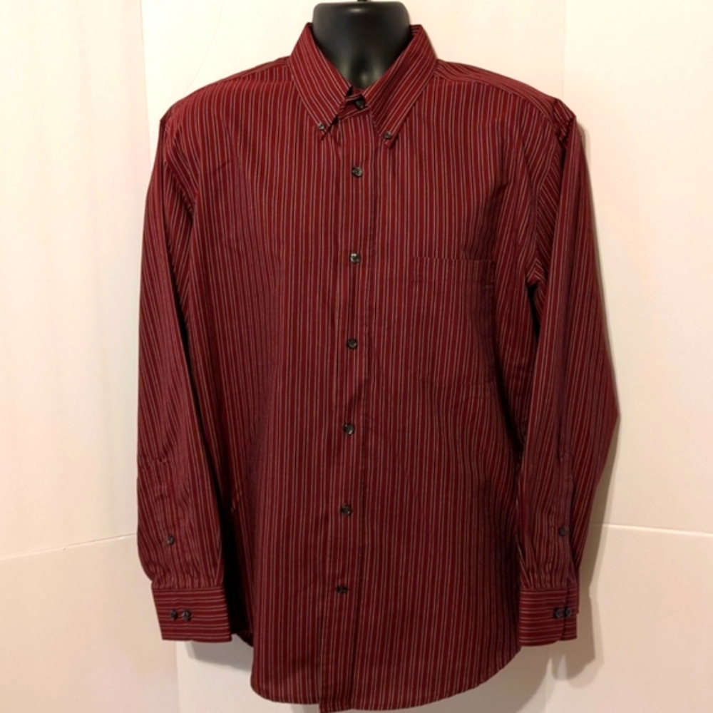 St John's Bay Iron Free Maroon Striped Long Sleeve Men's Shirt Large